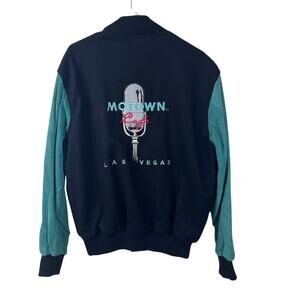 Vintage Motown Cafe Las Vegas Varsity Jacket Teal Suede Long Sleeve Size Medium